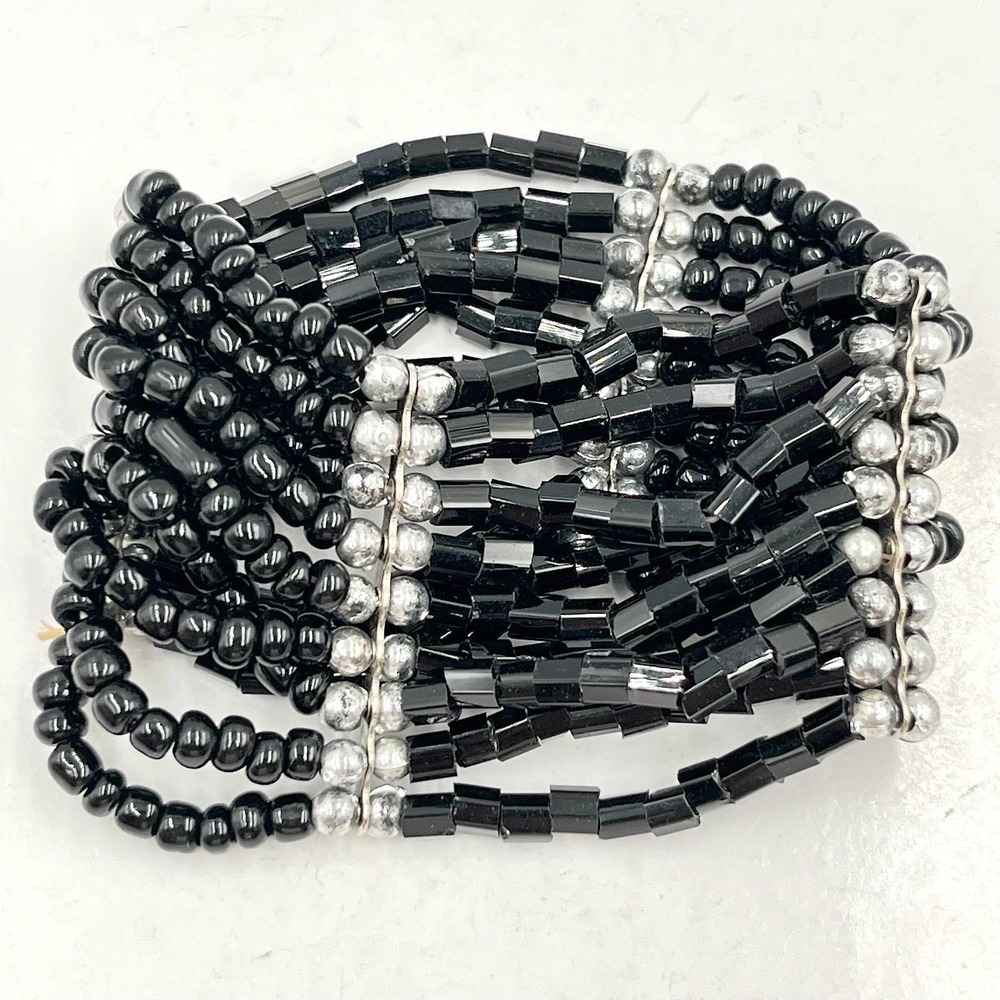 Vintage Multi-Strand Black Seed & Bugle Bead Stretch Cuff Bracelet Silver Accent